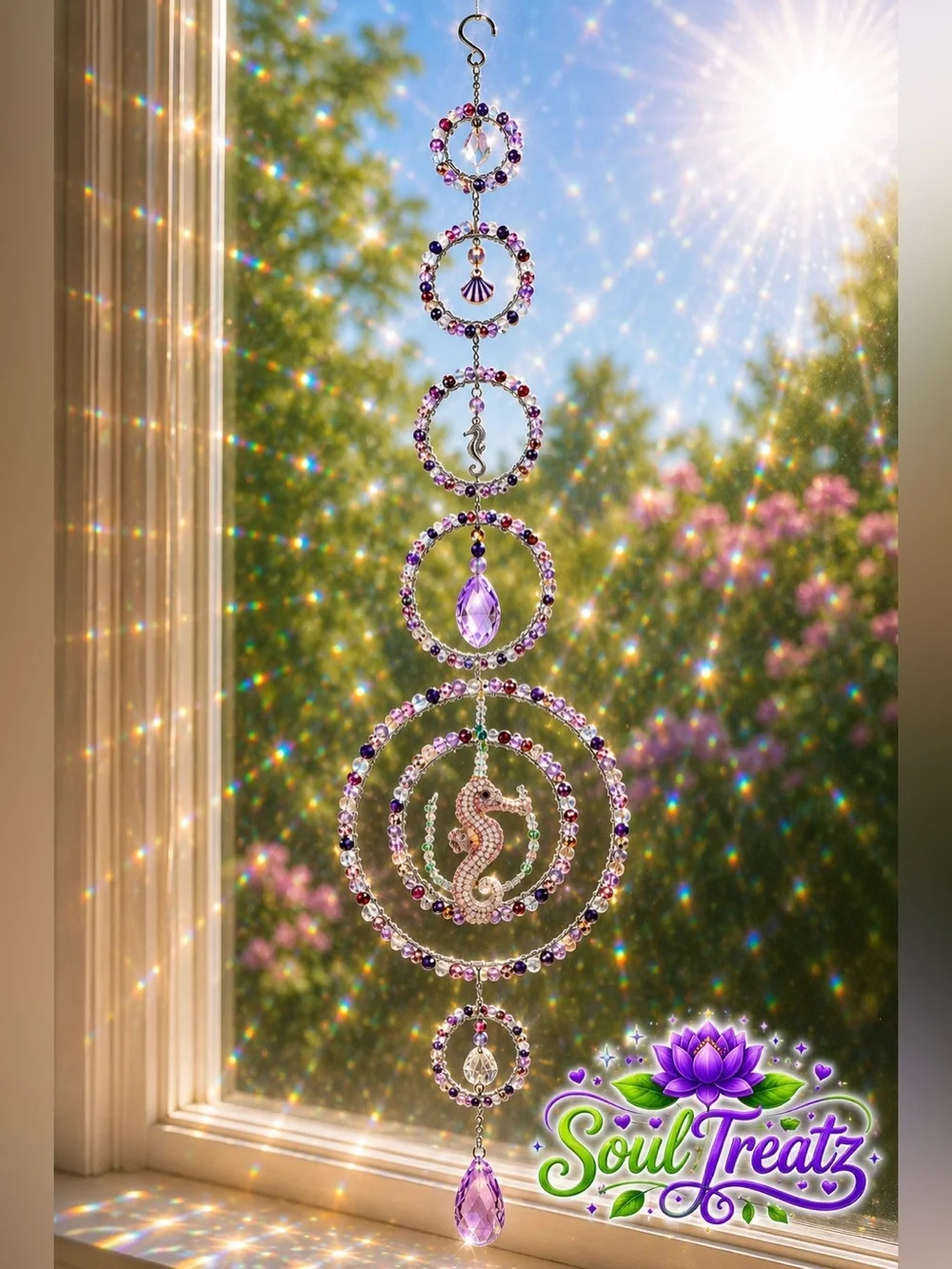 Seahorse Crystal Sun Catcher - Purple & Silver Hanging Ornament